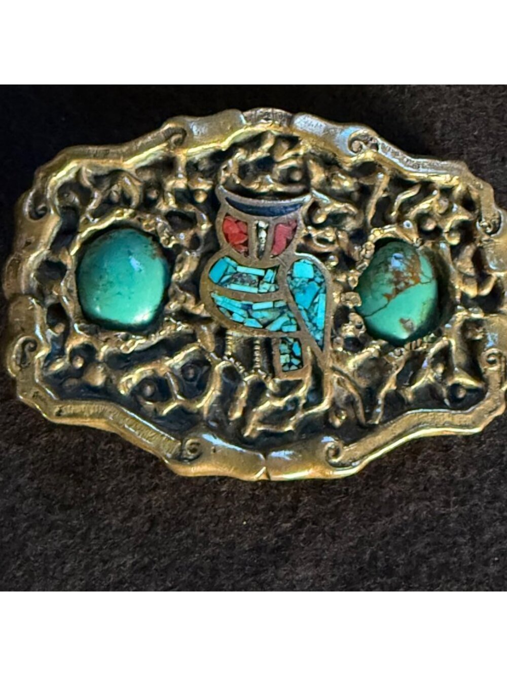 Vintage Brass Belt Buckle Inlay Owl Design signed WD